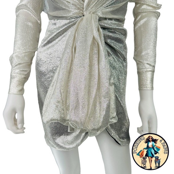 Redemption for FWRD Long Sleeve Metallic Deep V Party Dress in Silver Size XS - Picture 7 of 16